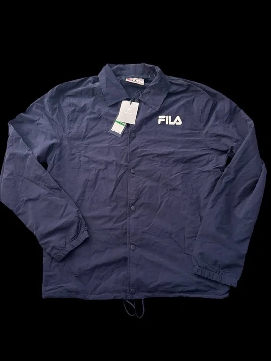New men’s Fila Navy Windbreaker Coach Jacket with White Logo large - Picture 1 of 3